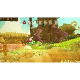 Jeu vidéo Nintendo Yoshi and the Mysterious Book Switch 2 - Yoshi portant Shy Guy dans un niveau de champ doré