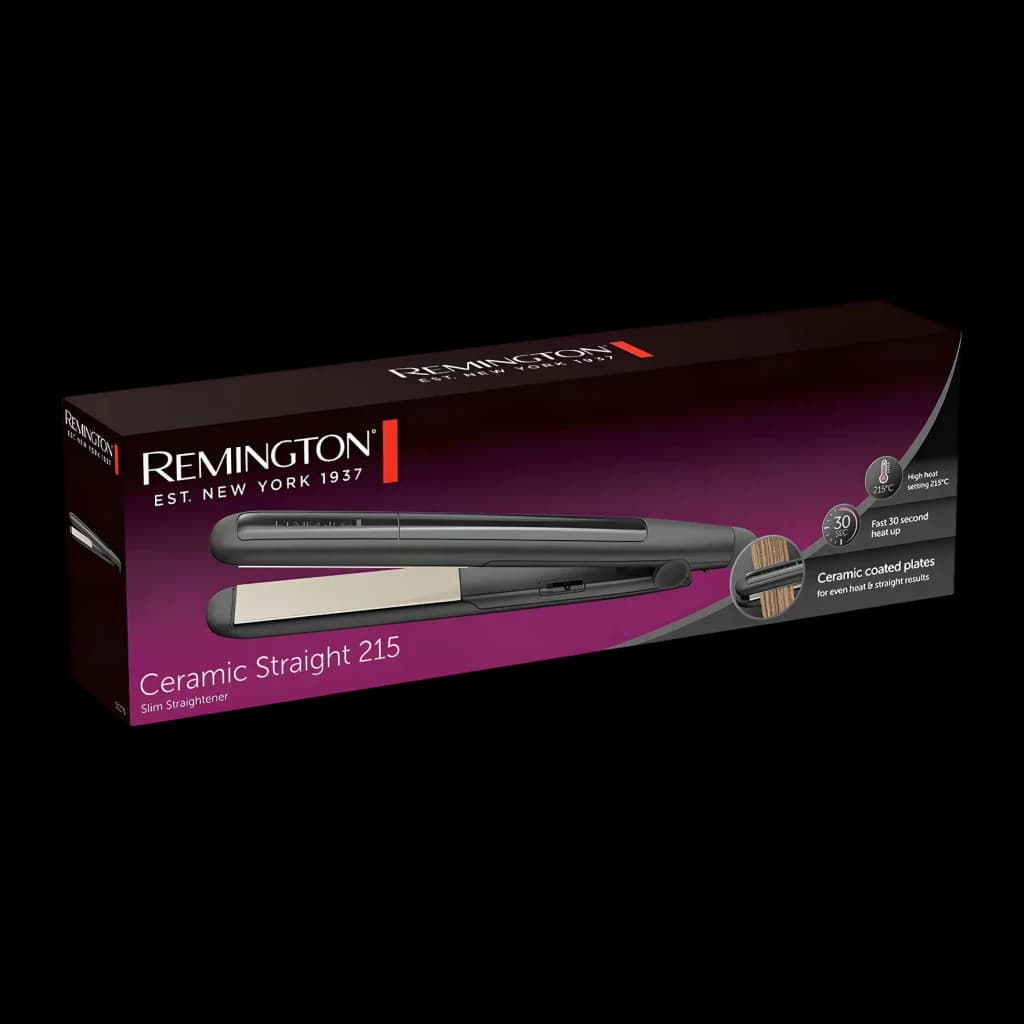 Plancha de pelo Remington Ceramic Straight 215 215ºC Negro - packaging oscuro con plancha y placas cerámicas visibles