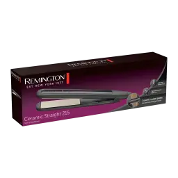 Plancha de pelo Remington Ceramic Straight 215 215ºC Negro - packaging oscuro con plancha y placas cerámicas visibles