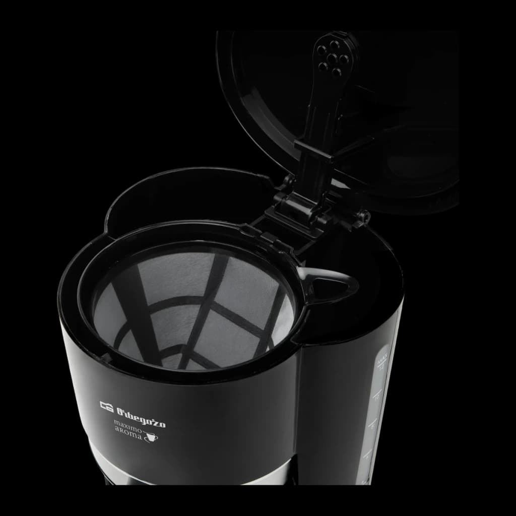 Cafetière filtre Orbegozo CG 4027 N 1,5L 900W Noire - couvercle ouvert révélant le filtre permanent en maille