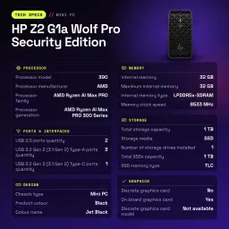 Mini PC HP Z2 G1a Wolf Pro Security Edition 32 Go/1 To Noir SSD WiFi 7 - caractéristiques, 1 TB