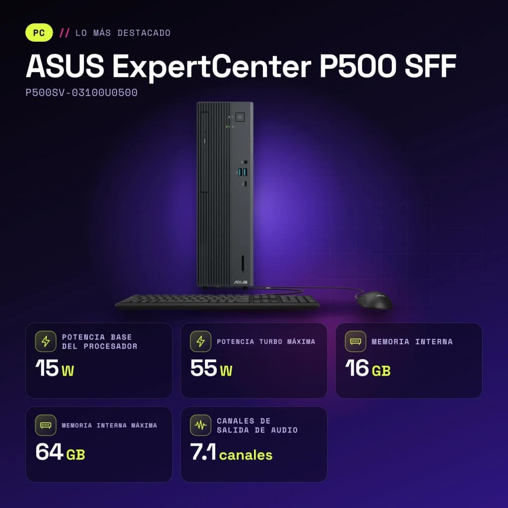 Ordenador Sobremesa ASUS ExpertCenter P500 SFF 16GB/512GB Gris Intel Core 3 100U SSD P500SV-03100U0500 - características