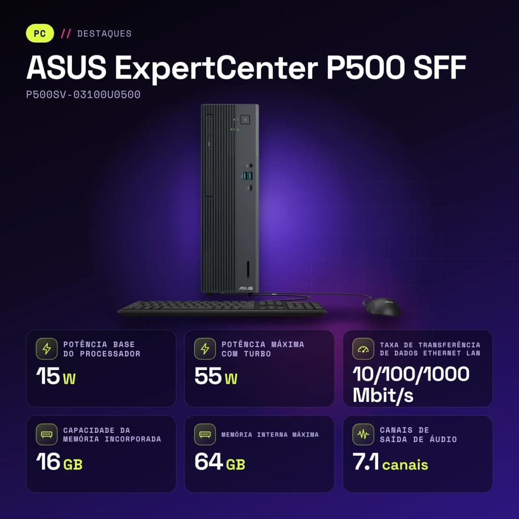 Ordenador Sobremesa ASUS ExpertCenter P500 SFF 16GB/512GB Gris Intel Core 3 100U SSD P500SV-03100U0500 - 0,9 GHz