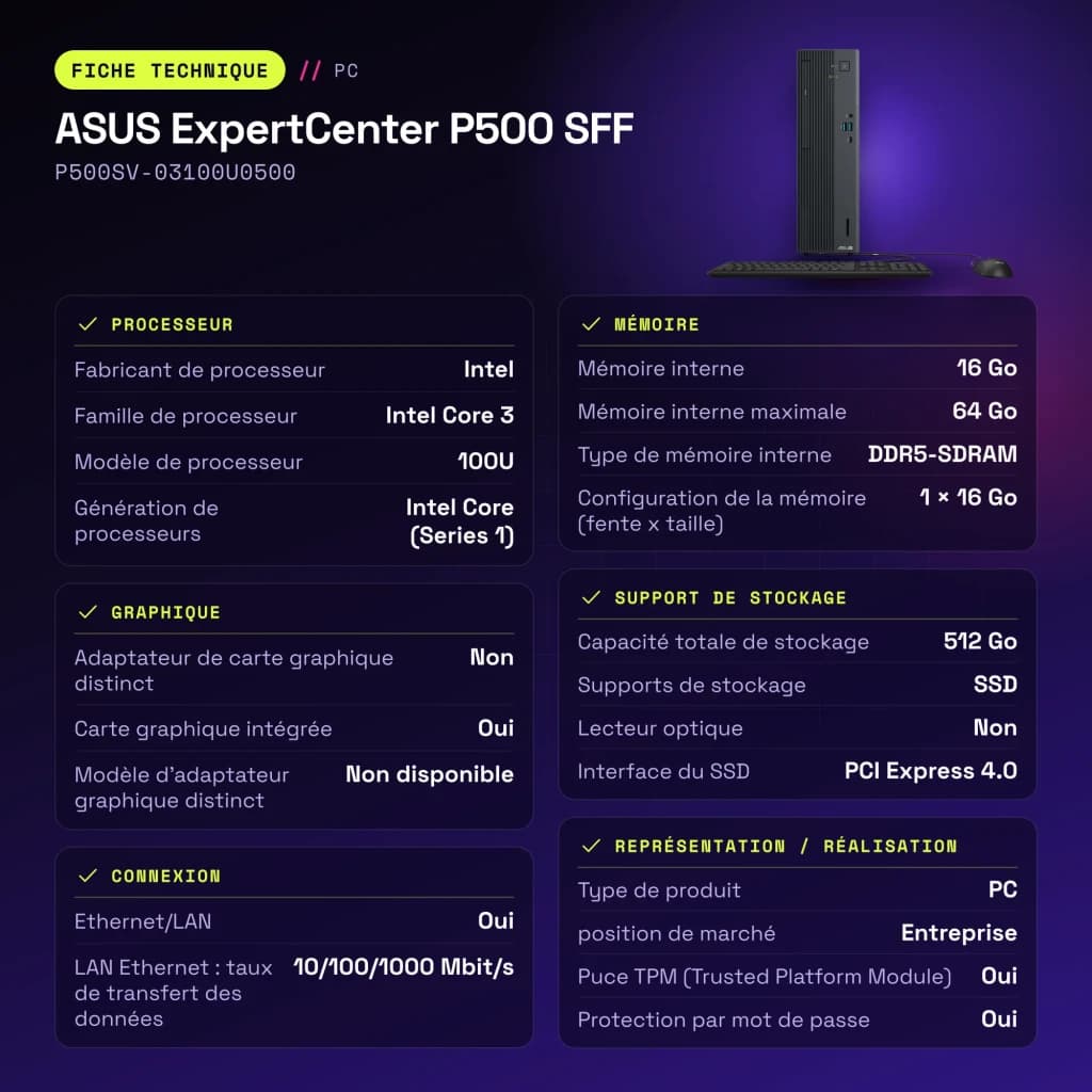 Ordenador Sobremesa ASUS ExpertCenter P500 SFF 16GB/512GB Gris Intel Core 3 100U SSD P500SV-03100U0500 - 64 GB