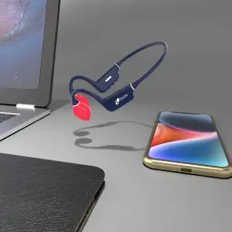 Écouteurs Leotec Kuri Conduction Osseuse Bluetooth 5.4 Multipoint Bleu/Rouge - flottant au-dessus d'un bureau