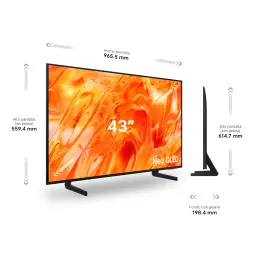 TV Samsung 43 polegadas Neo QLED 4K Preto TQ43QN73H - vista frontal e lateral com medidas de largura, altura