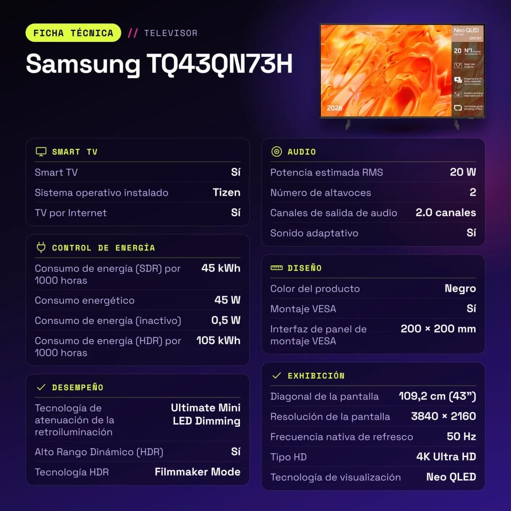 TV Samsung 43 polegadas Neo QLED 4K Preto TQ43QN73H - características, 200 x 200 mm