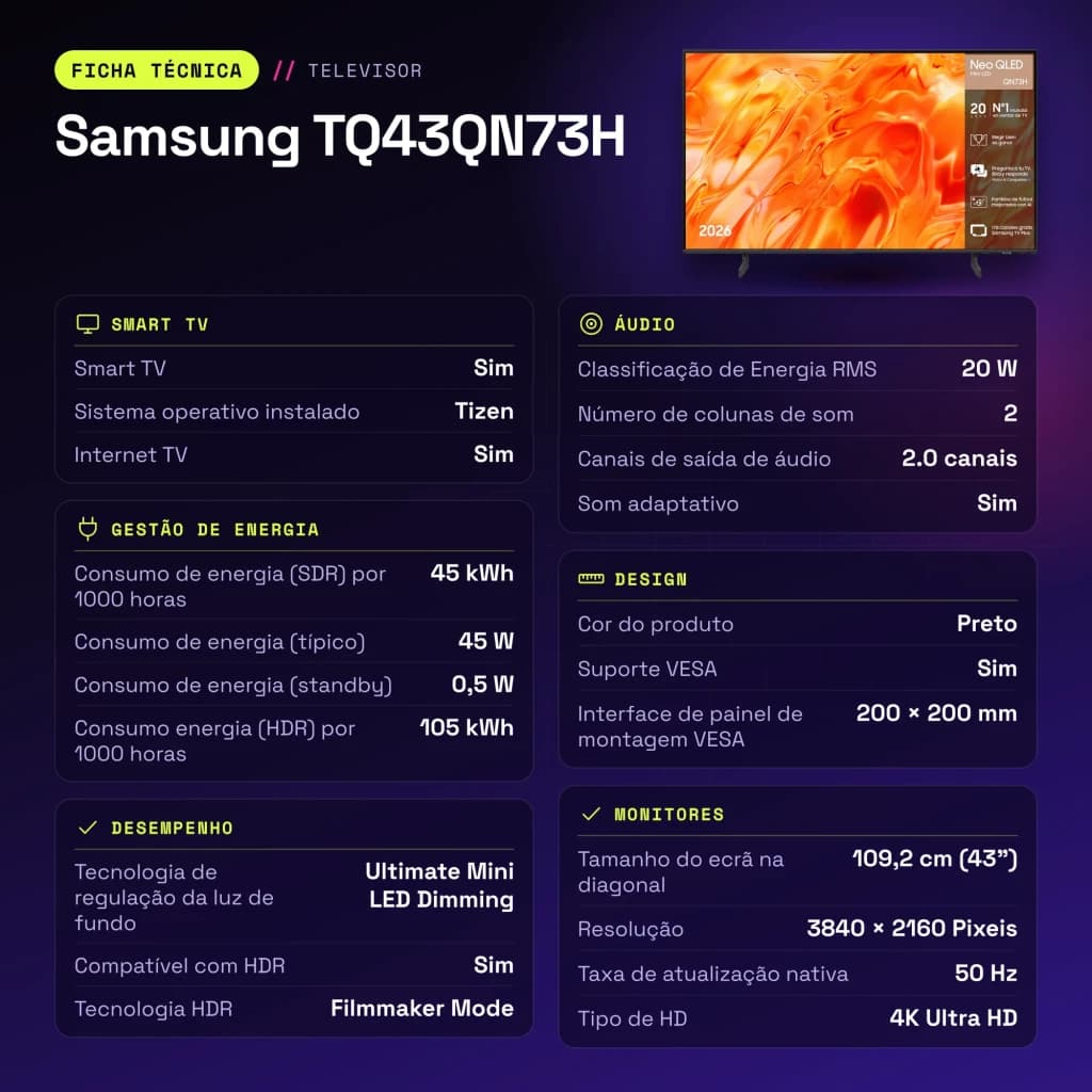 TV Samsung 43 polegadas Neo QLED 4K Preto TQ43QN73H - características