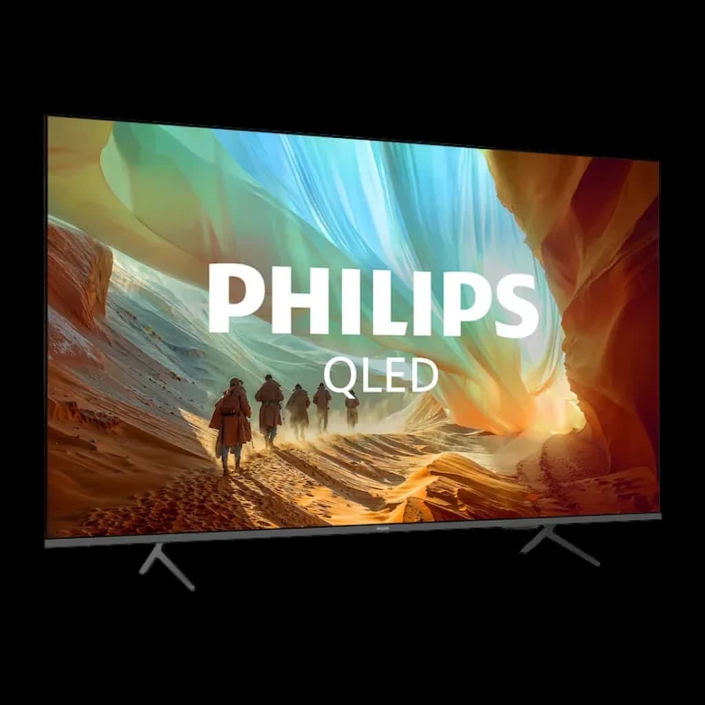 TV Philips 75 polegadas QLED 4K Preto 75PQS7801/12 - ecrã com logo PHILIPS QLED, moldura fina e pés