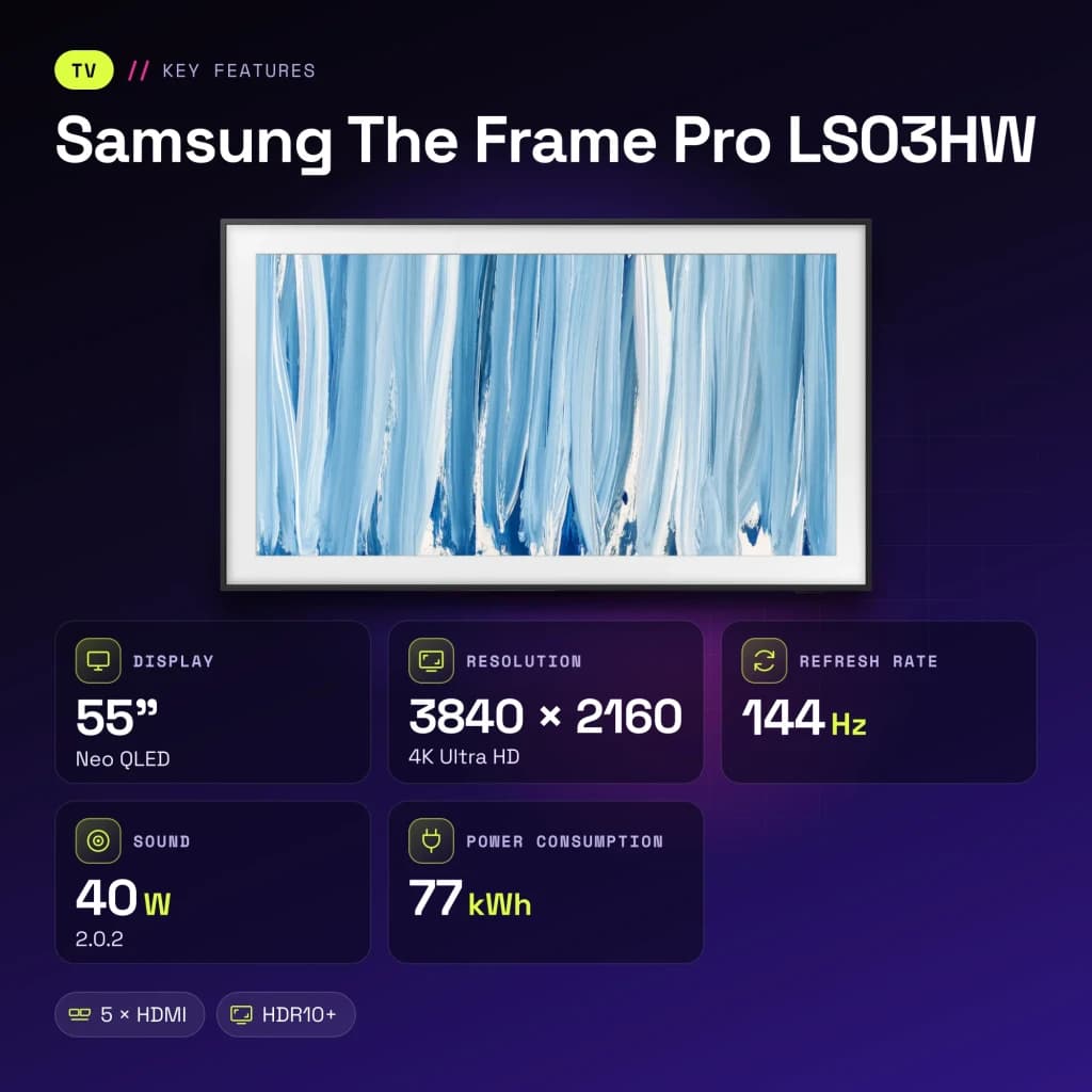 TV Samsung The Frame Pro LS03HW 55 pouces 144Hz Neo QLED 4K Noir - caractéristiques, 139,7 cm (55")