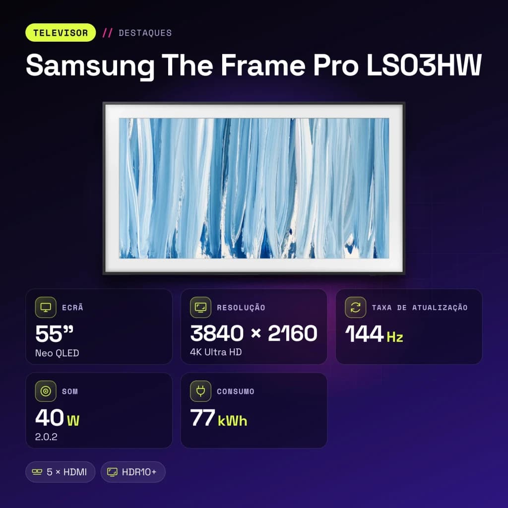 TV Samsung The Frame Pro LS03HW 55 pouces 144Hz Neo QLED 4K Noir - caractéristiques, 144 Hz, 100 Hz