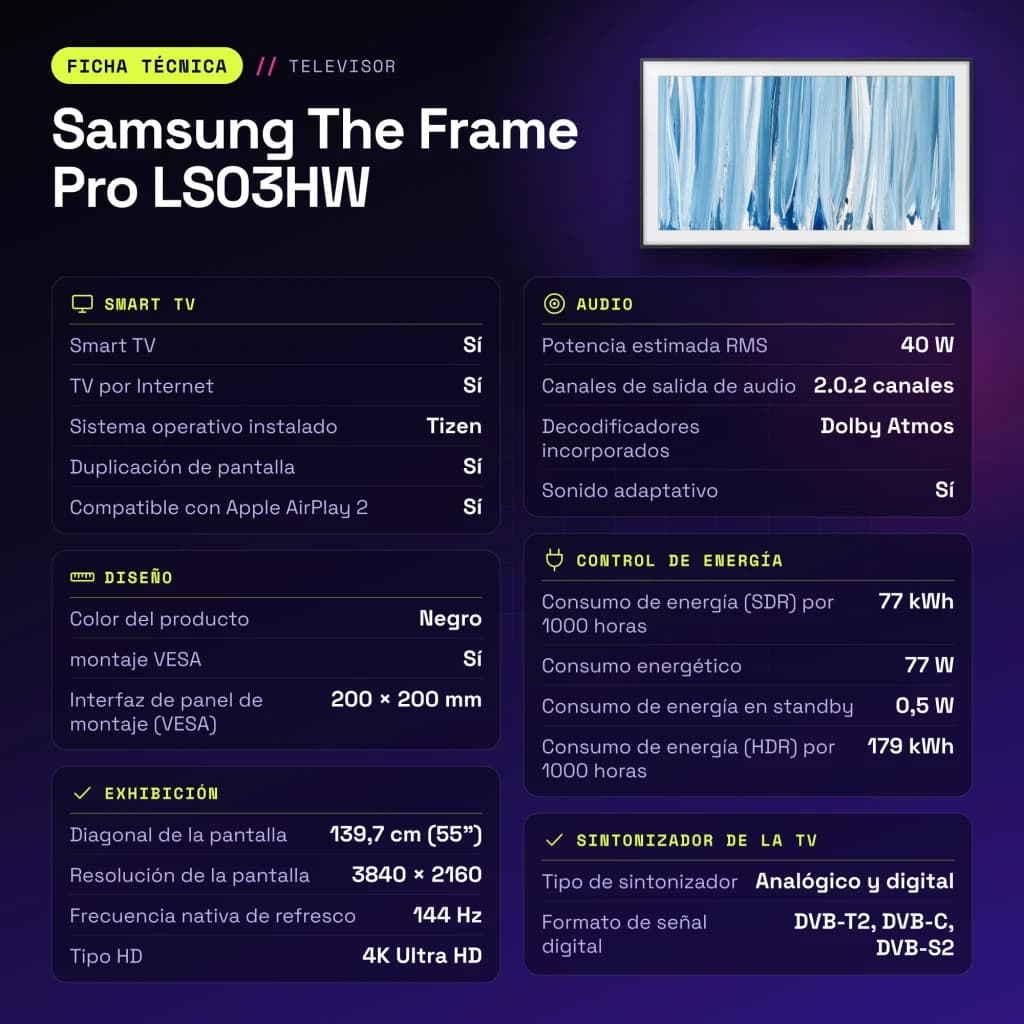 TV Samsung The Frame Pro LS03HW 55 pouces 144Hz Neo QLED 4K Noir - caractéristiques, 6 ms
