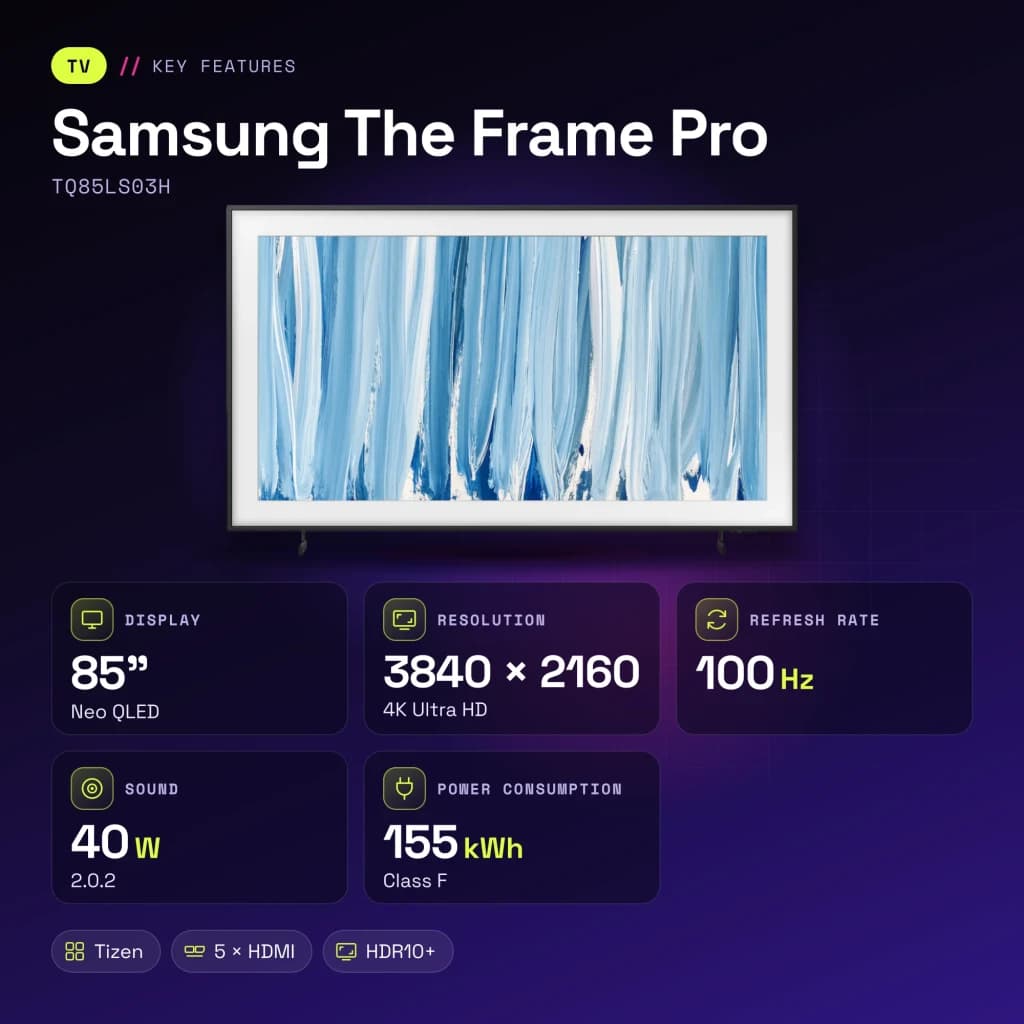 TV Samsung The Frame Pro 85 pouces Neo QLED Mini LED 4K 100Hz Noir TQ85LS03H - caractéristiques, 214 cm