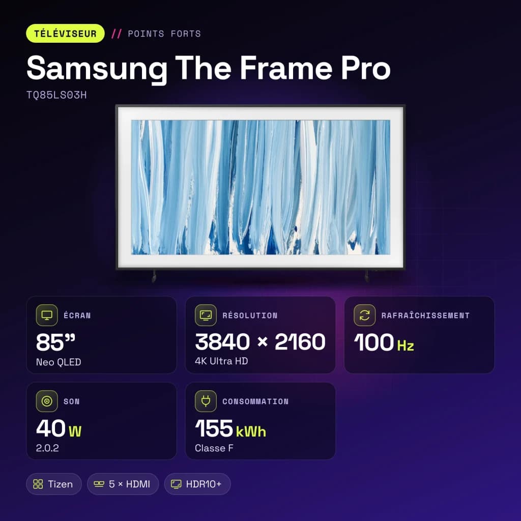 TV Samsung The Frame Pro 85 pouces Neo QLED Mini LED 4K 100Hz Noir TQ85LS03H - caractéristiques, 100 Hz