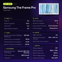 TV Samsung The Frame Pro 85 pouces Neo QLED Mini LED 4K 100Hz Noir TQ85LS03H - caractéristiques, 1904,3 mm
