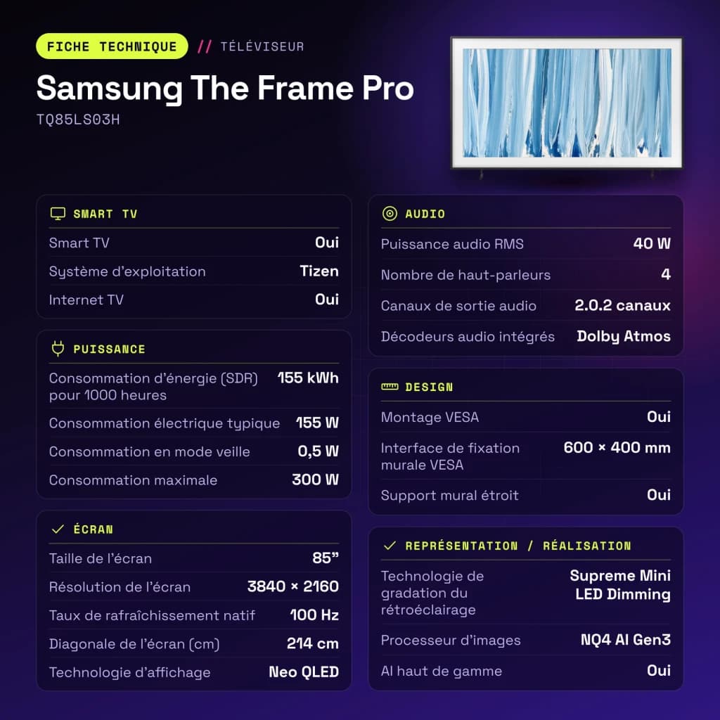 TV Samsung The Frame Pro 85 pouces Neo QLED Mini LED 4K 100Hz Noir TQ85LS03H - caractéristiques, 1129,5 mm