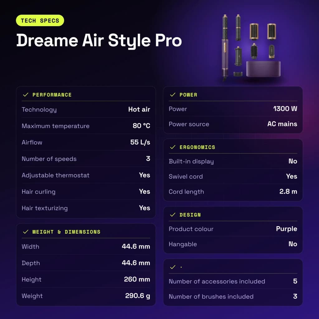 Modelador de cabelo Dreame Air Style Pro 1300W 80ºC Púrpura - características