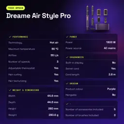Modelador de cabelo Dreame Air Style Pro 1300W 80ºC Púrpura - características