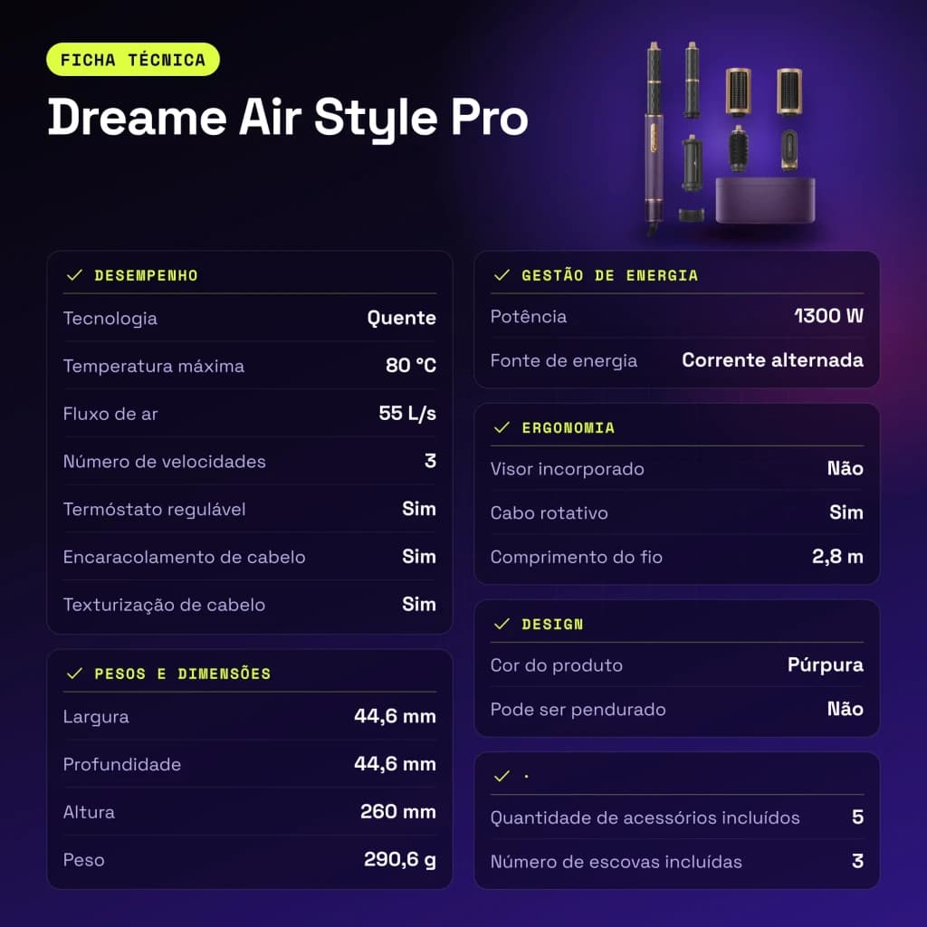 Modelador de cabelo Dreame Air Style Pro 1300W 80ºC Púrpura - características