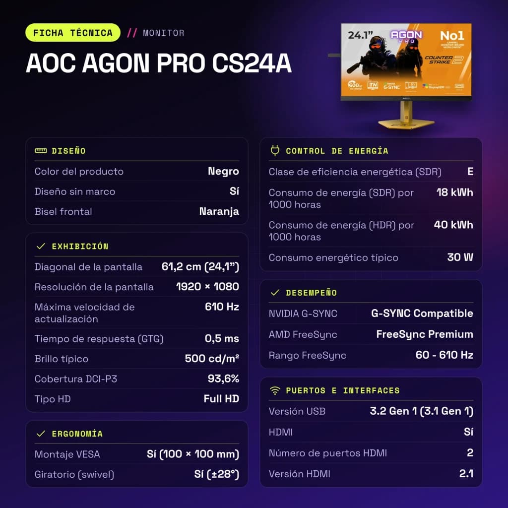 Monitor gaming AOC AGON PRO CS24A 24,1 polegadas 610Hz FHD 0,5 ms Preto - características, Sí (máx. 150 mm)