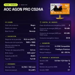 Monitor gaming AOC AGON PRO CS24A 24,1 polegadas 610Hz FHD 0,5 ms Preto - características, Sí (máx. 150 mm)