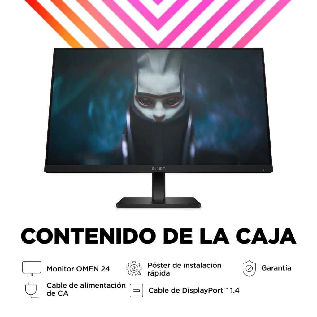 Monitor gaming HP OMEN 24 23,8 polegadas 165Hz FHD IPS Preto - vista frontal com ecrã ativo, cabo