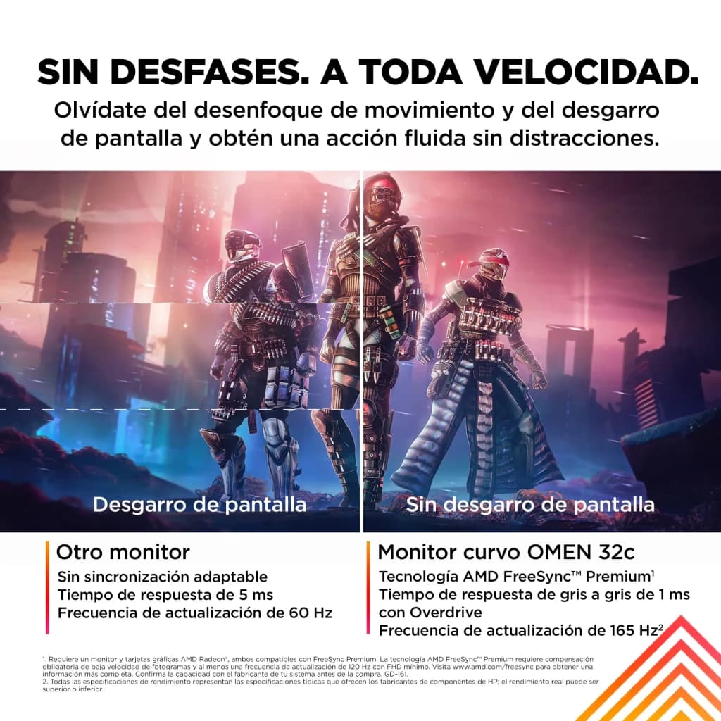 Monitor gaming HP OMEN 32c 31,5 polegadas 165Hz Curvo QHD VA Preto - comparação screen tearing vs AMD FreeSync