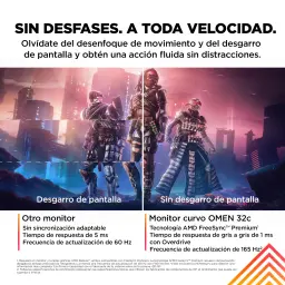 Monitor gaming HP OMEN 32c 31,5 polegadas 165Hz Curvo QHD VA Preto - comparação screen tearing vs AMD FreeSync