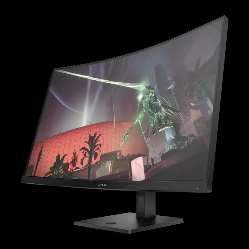 Monitor gaming HP OMEN 32c 31,5 polegadas 165Hz Curvo QHD VA Preto - painel curvo com cena gaming e base preta