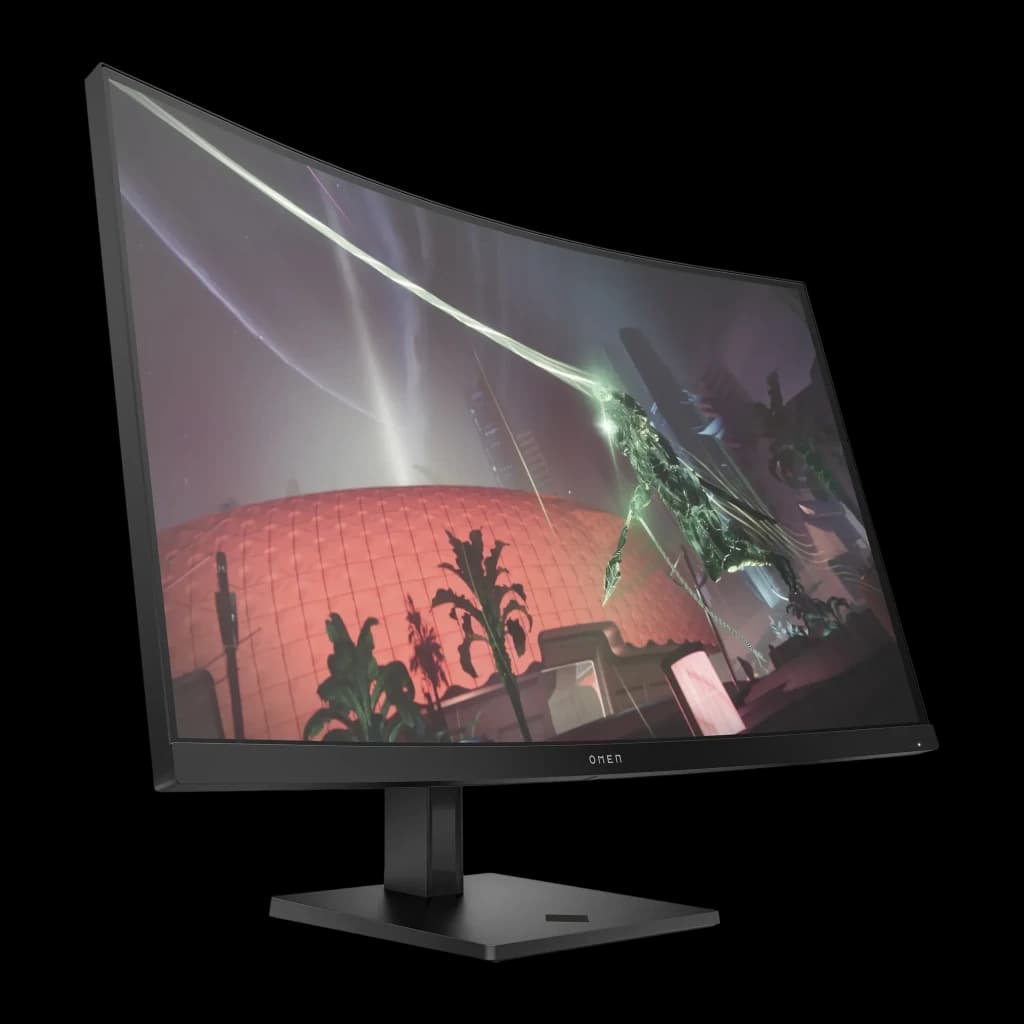 Monitor gaming HP OMEN 32c 31,5 polegadas 165Hz Curvo QHD VA Preto - painel curvo com cena gaming e logótipo
