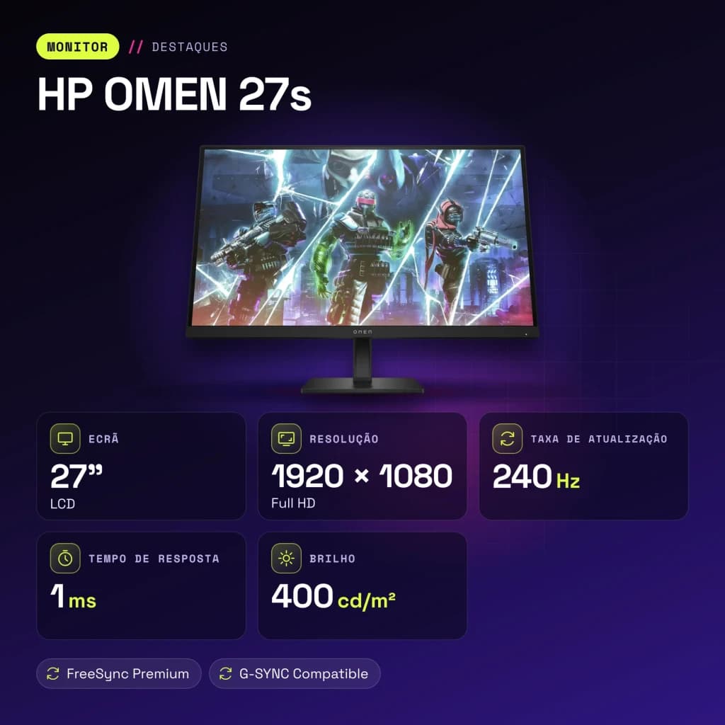 Monitor gaming HP OMEN 27s 27 polegadas 240Hz FHD IPS Preto - características, 1 ms