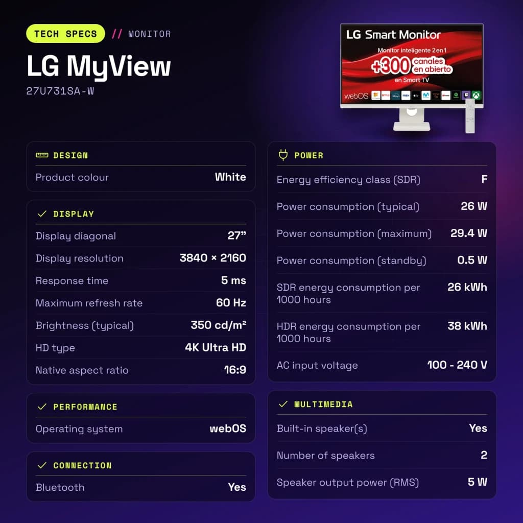 Monitor LG MyView 27 polegadas 4K IPS 60Hz 5 ms Branco 27U731SA-W - características, 100 x 100 mm