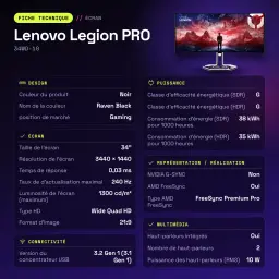 Moniteur Lenovo Legion PRO 34 pouces OLED 240Hz Courbe WQHD Noir de Jais 34WD-10 - caractéristiques, 33,3 cm