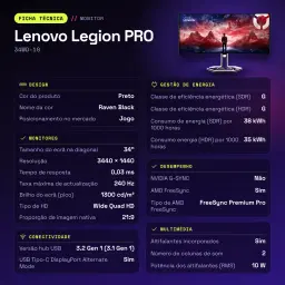 Moniteur Lenovo Legion PRO 34 pouces OLED 240Hz Courbe WQHD Noir de Jais 34WD-10 - caractéristiques, 3.2 Gen 1 (3.1 Gen 1)