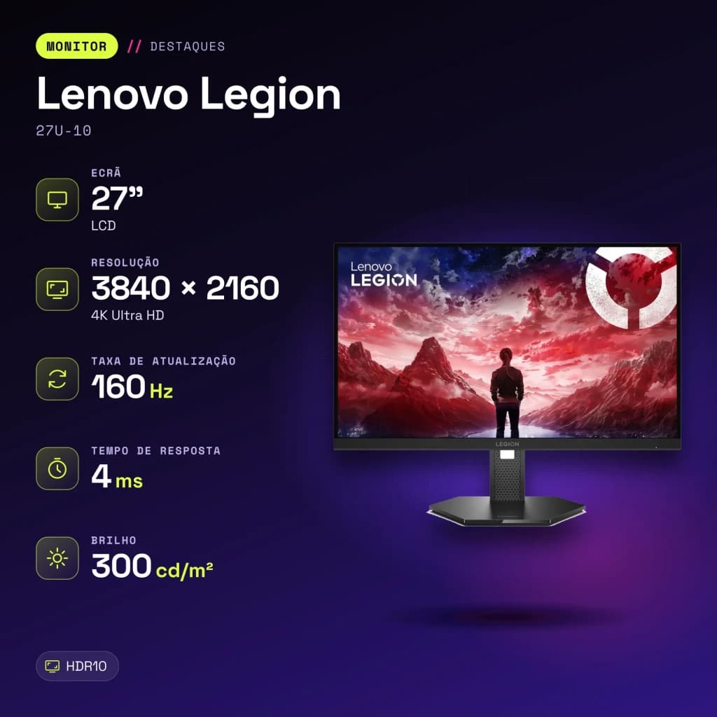 Écran Lenovo Legion 27 pouces 160Hz 4K IPS Noir de Jais 27U-10 - caractéristiques, 300 cd / m²