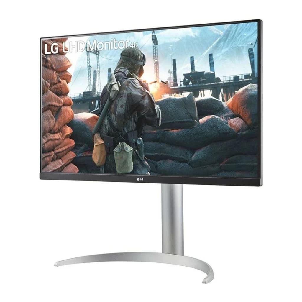 Monitor LG UltraFine 27 polegadas 4K IPS 60Hz 5 ms Branco 27UP650K-W - ecrã ligado com cena de ação e base