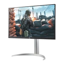 Monitor LG UltraFine 27 polegadas 4K IPS 60Hz 5 ms Branco 27UP650K-W - ecrã ligado com cena de ação e base