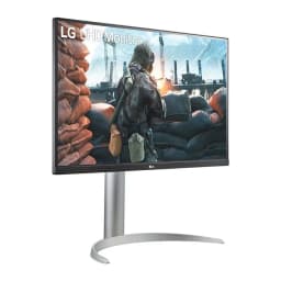 Monitor LG UltraFine 27 polegadas 4K IPS 60Hz 5 ms Branco 27UP650K-W - ecrã ligado com cena de ação e suporte