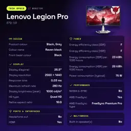 Monitor gaming Lenovo Legion Pro 26,5 polegadas QD-OLED 280Hz QHD OLED Preto/Cinzento 27Q-10 - características, 50/60 Hz