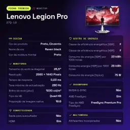 Monitor gaming Lenovo Legion Pro 26,5 polegadas QD-OLED 280Hz QHD OLED Preto/Cinzento 27Q-10 - características