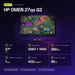 Monitor gaming HP OMEN 27qs G2 27 polegadas 240Hz QHD IPS Black 280Hz Preto - características, 1 ms