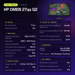 Monitor gaming HP OMEN 27qs G2 27 polegadas 240Hz QHD IPS Black 280Hz Preto - características, 59,7 cm