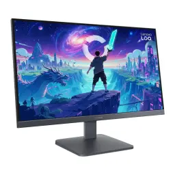 Monitor Lenovo LOQ 27 polegadas 180Hz QHD IPS Preto 27Q-10 - ecrã com cena gaming de dragão e guerreiro, base
