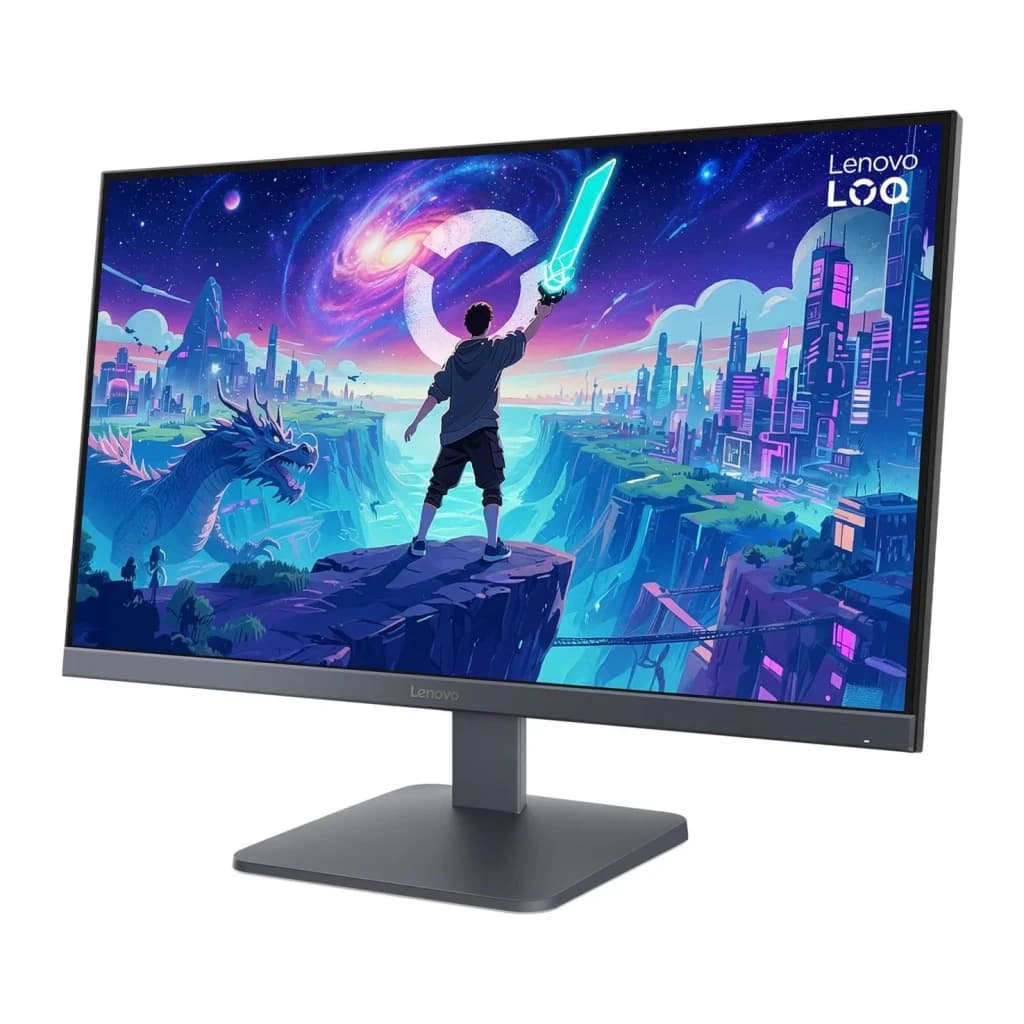 Monitor Lenovo LOQ 27 polegadas 180Hz QHD IPS Preto 27Q-10 - ecrã com cena gaming de dragão e cidade