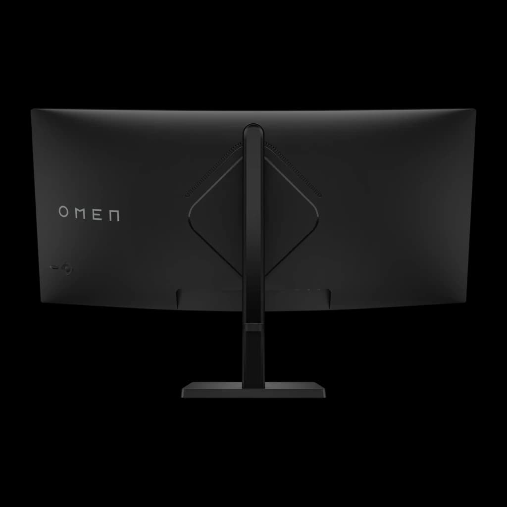 Monitor HP OMEN 34c G2 34 polegadas 180Hz Curvo WQHD VA Preto - logo OMEN, suporte romboidal e painel curvo