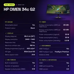 Monitor HP OMEN 34c G2 34 polegadas 180Hz Curvo WQHD VA Preto - características, 400 cd / m²