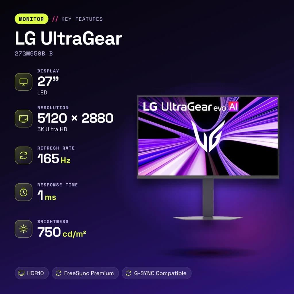 Monitor gaming LG UltraGear 27 polegadas 165Hz 5K IPS Preto 27GM950B-B - características, 165 Hz
