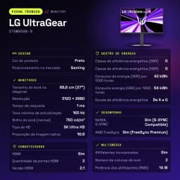 Monitor gaming LG UltraGear 27 polegadas 165Hz 5K IPS Preto 27GM950B-B - características, 249,1 mm
