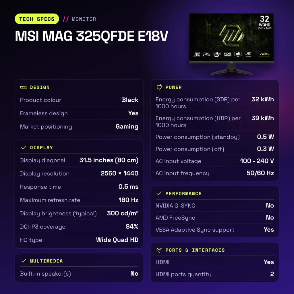 Monitor gaming MSI MAG 325QFDE E18V 31.5 pulgadas 180Hz QHD Rapid VA Negro - características, 50/60 Hz