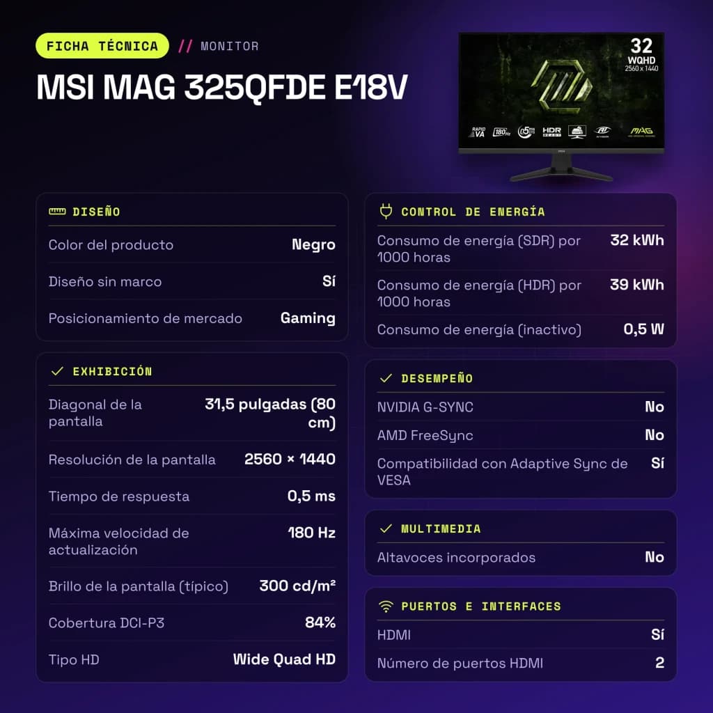 Monitor gaming MSI MAG 325QFDE E18V 31.5 pulgadas 180Hz QHD Rapid VA Negro - características, 100 x 100 mm